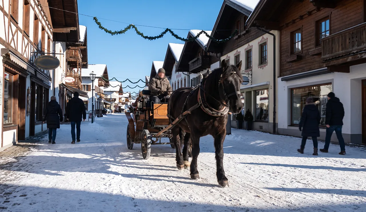 Horse-drawn carriage in the pedestrian village centre of Megève in winter