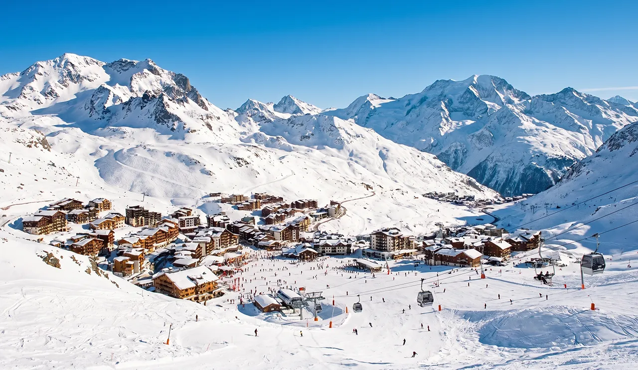 High-altitude village of Val Thorens under deep winter snow