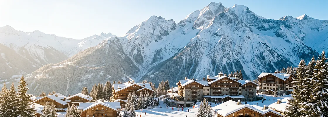 Large chalets and skiers on Courchevel slopes