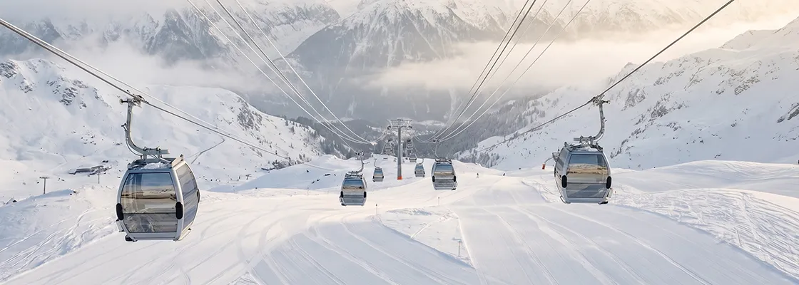 Cable car cabins high in Three Valleys mountains