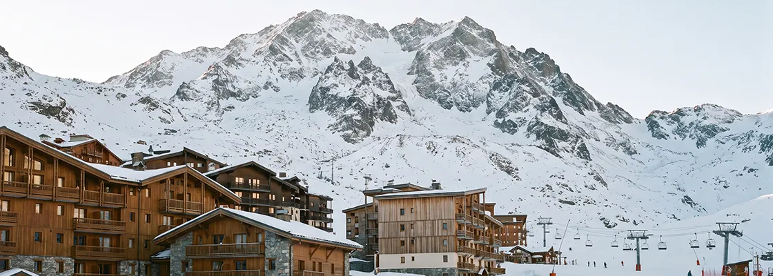 Buildings and ski lifts on snowy Val Thorens