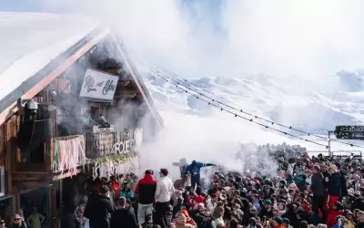 Lively apres-ski party with a DJ on La Folie Douce terrace in Val Thorens