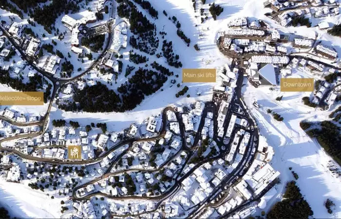 Aerial map of Courchevel 1850 marking Lys Martagon near the Bellecote slope and main lifts