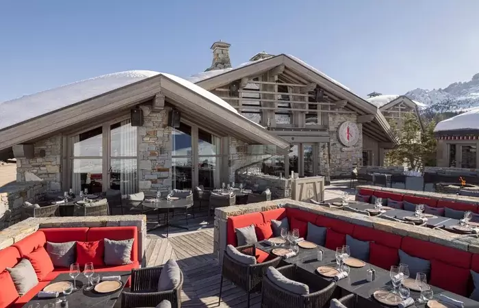 The terrace of Base Kamp by Ainata above the slopes at Le K2 Altitude, Courchevel 1850