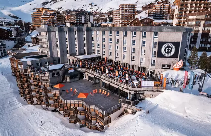 Fahrenheit Seven Val Thorens hotel and its terrace on the snow front at 2300 metres