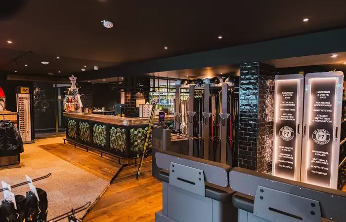 F7 Ski Boutique with rental skis and service counter at Fahrenheit Seven Courchevel