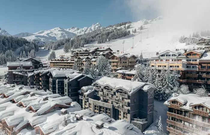 Aerial view of the village of Courchevel 1850 in winter