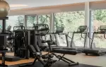 The fitness room with machines facing the garden windows, Chenot Palace Weggis