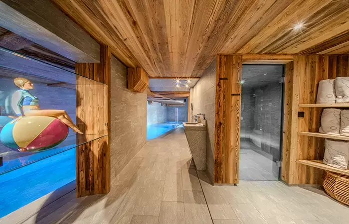 View of the pool and hammam in the SPA area at Chalet Orso in Val d-Isere.