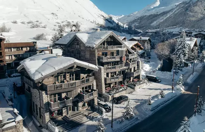 Aerial view of the hotel in the village at Le K2 Chogori, Val d'Isere