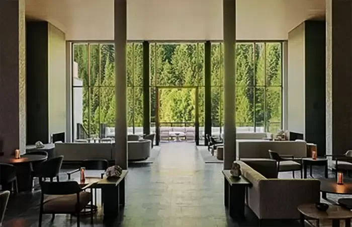 Spacious hotel lounge with panoramic forest views.