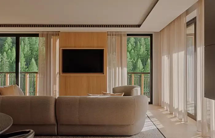 Living room in the Aman suite at Rosa Alpina.