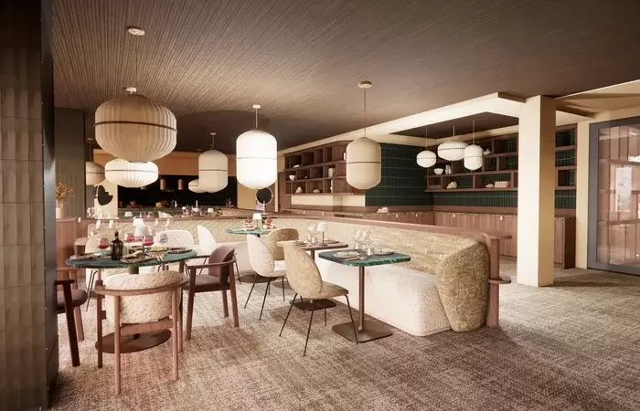 Restaurant with open kitchen and bar counter at Fahrenheit Seven Les Menuires