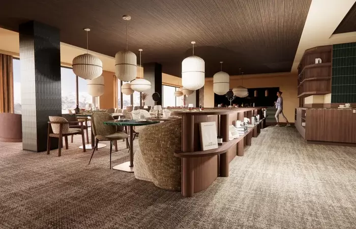 Restaurant dining room with pendant lighting at Fahrenheit Seven Les Menuires