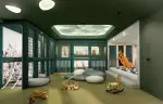 Kids room with a painted cloud ceiling, floor cushions and wooden toys at Barma, Courchevel La Tania