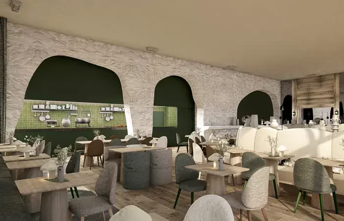 La Table de Barma restaurant with rock-effect arches and wooden tables, Courchevel La Tania