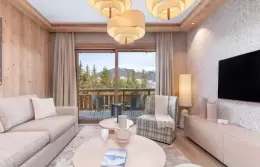 Double bedroom with an upholstered headboard and tartan cushions in a Duo Apartment at Barma Residence, La Tania