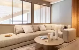 Bedroom with a dark throw and a balcony door onto the mountains, Duplex Signature Apartment, Barma Residence