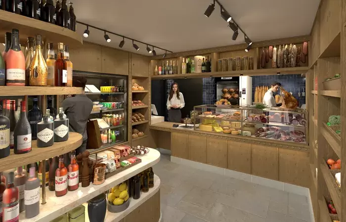 Barma delicatessen with wines, cheeses and pastries on wooden shelves, Courchevel La Tania
