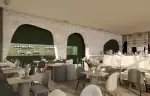 La Table de Barma restaurant with rock-effect arches and wooden tables, Courchevel La Tania