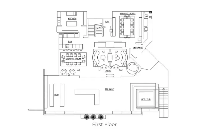 Floor plan of the first floor with dining rooms, bar and terrace at No. 14 Verbier