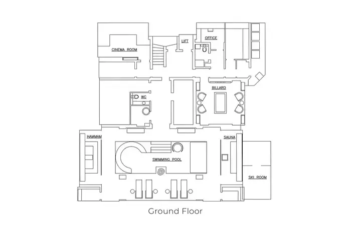 Floor plan of the ground floor with spa, cinema and ski room at No. 14 Verbier