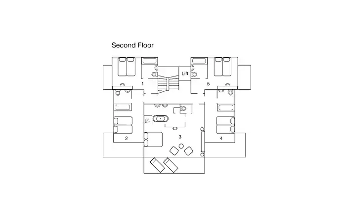 Floor plan of the five bedrooms on the second floor at No. 14 Verbier